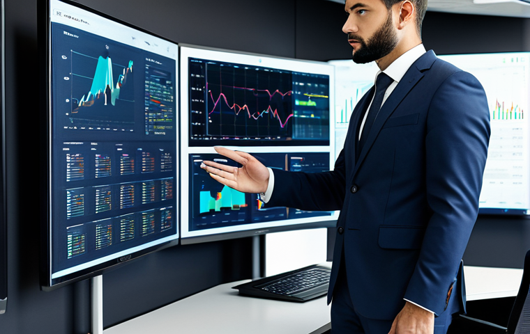 A professional Chartered Accountant in a modest business suit, fully clothed, appropriate attire, working diligently in a sleek, modern office. The background features large digital displays showing complex financial data visualizations and charts, with elements of AI and automation integrated into the workspace. The CA is interacting with a high-tech tablet and laptop, demonstrating strategic data analysis. Professional photography, high quality, studio lighting, sharp focus, natural pose, perfect anatomy, correct proportions, well-formed hands, proper finger count, natural body proportions, safe for work, appropriate content, fully clothed, professional.