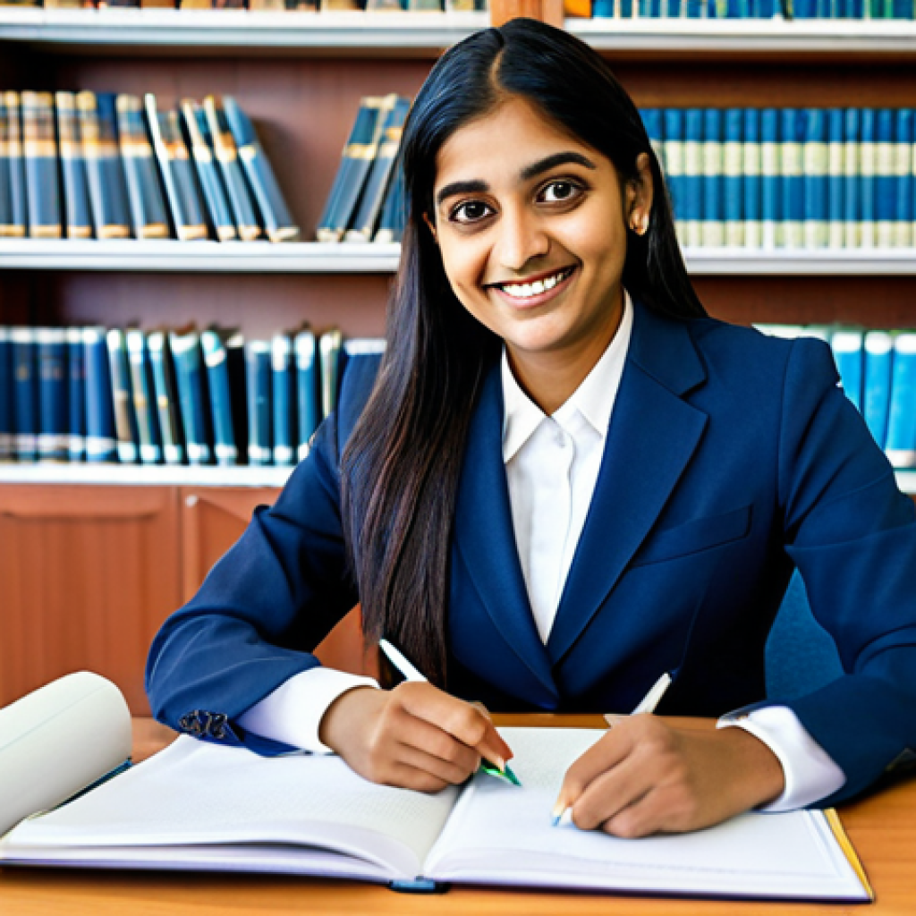 **

A young Indian woman in a professional business suit, smiling confidently while studying CPA materials at a desk in a brightly lit, modern library. Books and study notes are neatly arranged. Fully clothed, appropriate attire, safe for work, perfect anatomy, natural proportions, professional, modest, family-friendly.

**