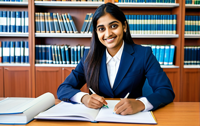 **
A young Indian woman in a professional business suit, smiling confidently while studying CPA materials at a desk in a brightly lit, modern library. Books and study notes are neatly arranged. Fully clothed, appropriate attire, safe for work, perfect anatomy, natural proportions, professional, modest, family-friendly.
**