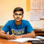 공인회계사 필수 서적 추천 - A focused young adult, around 19 years old, with a determined expression, sitting at a well-organize...