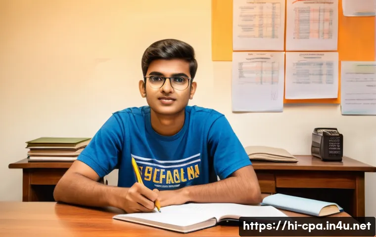 공인회계사 필수 서적 추천 - A focused young adult, around 19 years old, with a determined expression, sitting at a well-organize...