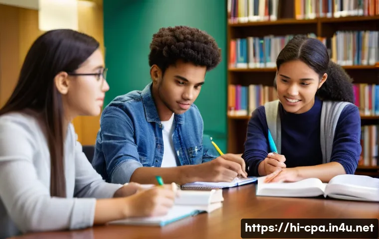 공인회계사 주말 학습 루틴 - **Prompt 1: Focused Group Study and Revision**
    "A diverse group of three college-aged students, ...