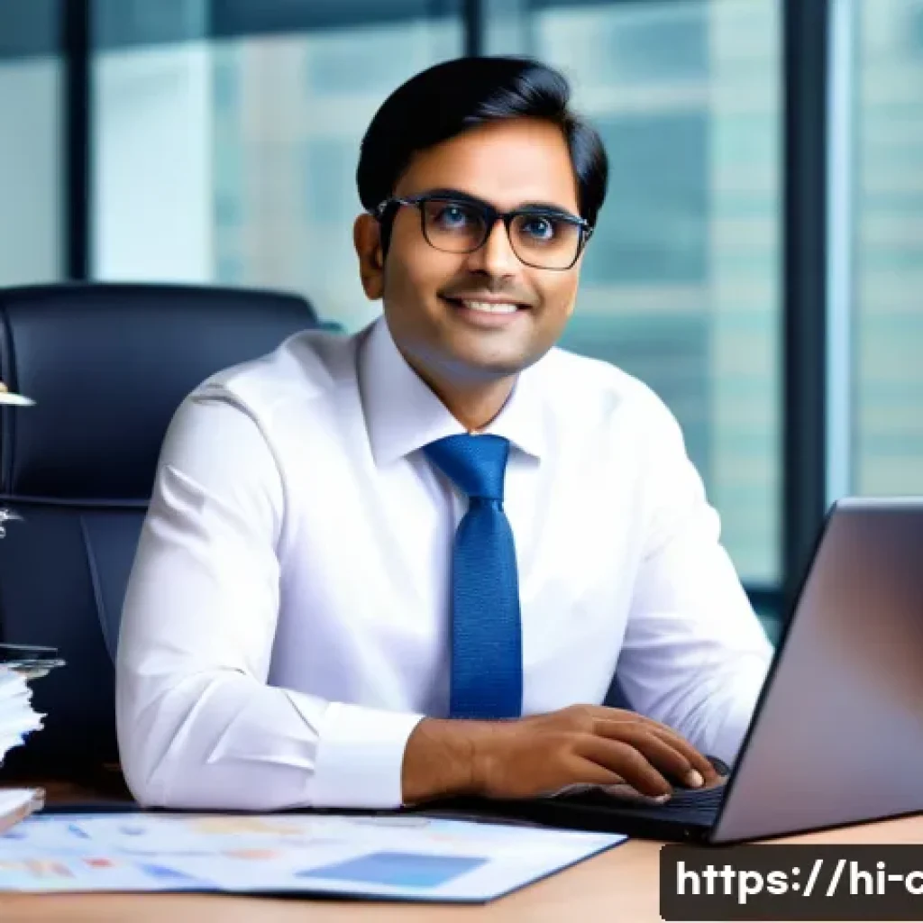 CPA 국제감사기준 이해하기 - A professional Indian auditor in formal business attire, wearing glasses and sitting at a modern off...