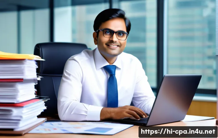 CPA 국제감사기준 이해하기 - A professional Indian auditor in formal business attire, wearing glasses and sitting at a modern off...