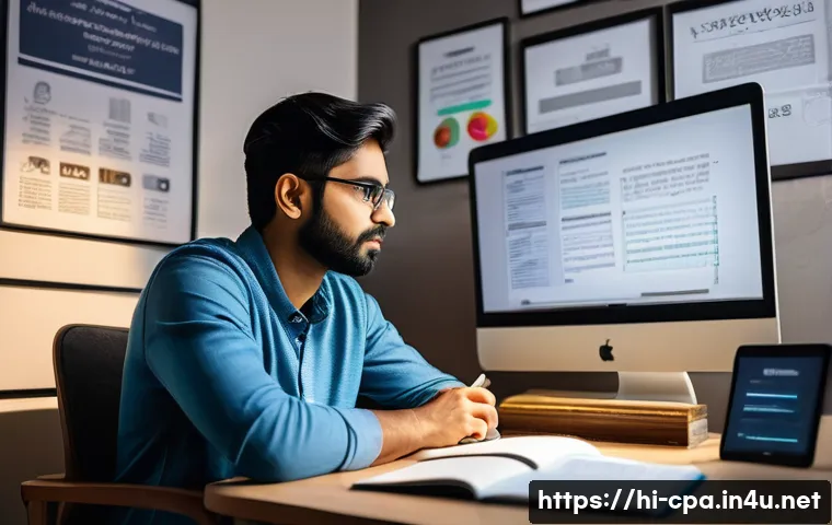 CPA 준비생 필수 사이트 - A focused young Indian professional studying CPA online at home, surrounded by multiple digital devi...