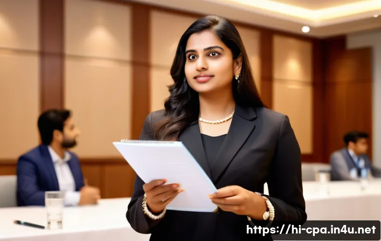 CPA 자격증을 활용한 인맥 형성 - A professional Indian CPA woman in formal business attire, confidently networking at a corporate sem...