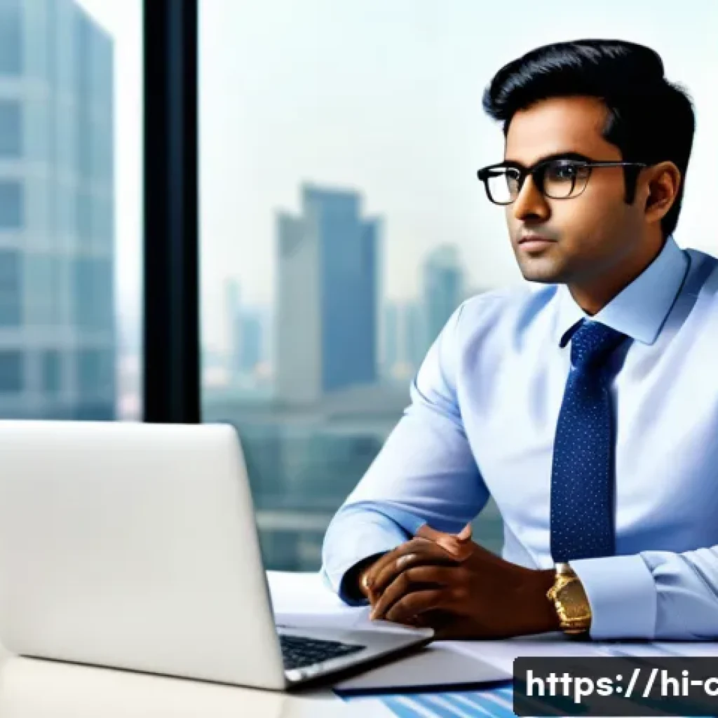 공인회계사 자격증의 경력 개발 기회 - A professional Indian CPA in formal business attire, sitting confidently at a modern office desk wit...