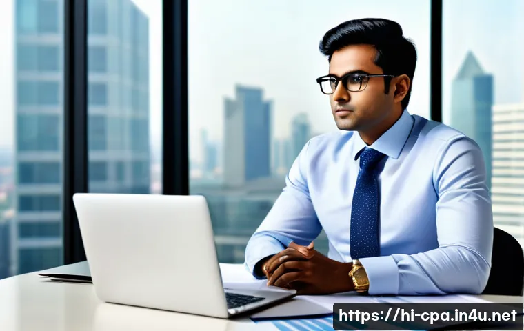 공인회계사 자격증의 경력 개발 기회 - A professional Indian CPA in formal business attire, sitting confidently at a modern office desk wit...
