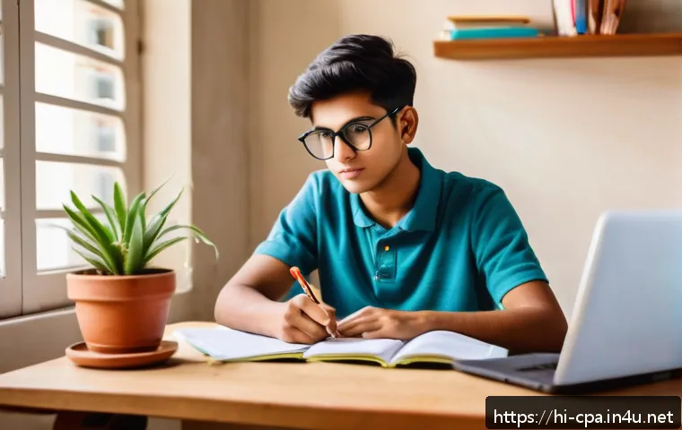 CPA 취득을 위한 마인드셋 - A focused young Indian student sitting at a wooden study desk in a cozy, well-lit room, wearing comf...