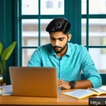 Home 21 CPA 모의고사 활용 전략 - A focused young Indian man sitting at a study desk in a quiet home office, surrounded by CPA exam pr...