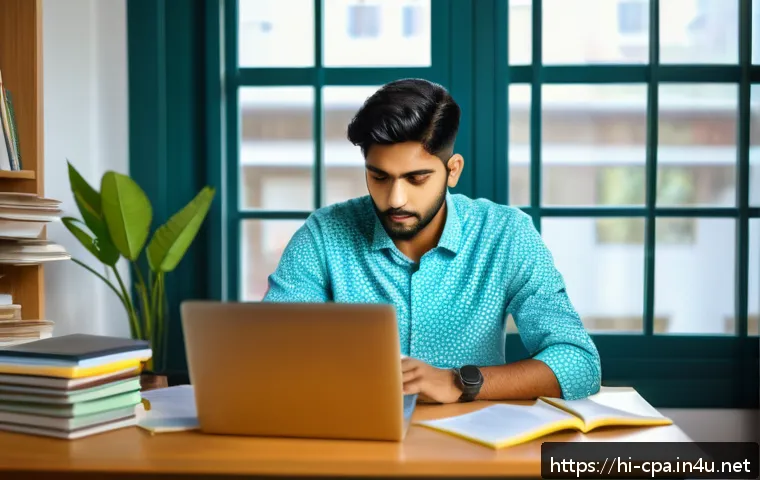 CPA 모의고사 활용 전략 - A focused young Indian man sitting at a study desk in a quiet home office, surrounded by CPA exam pr...