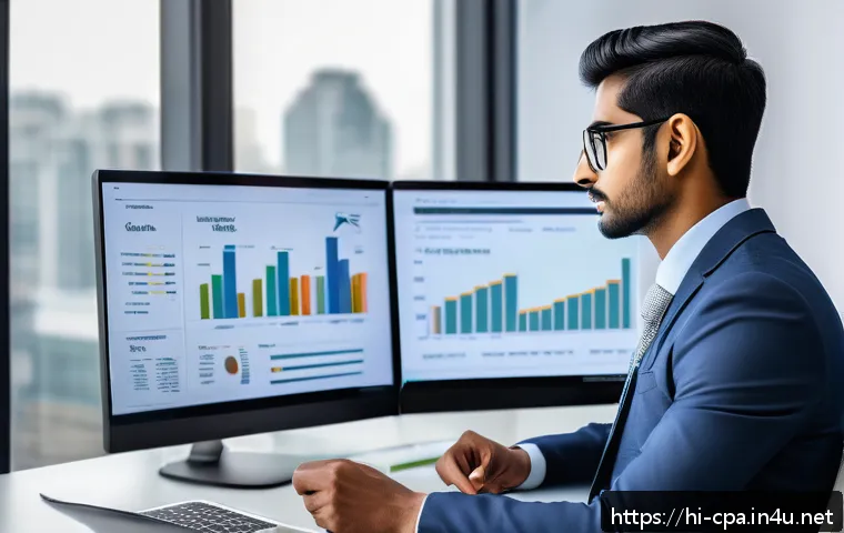 CPA와 데이터 사이언스의 융합 - A modern financial analyst workspace showing a young Indian professional using Python and Tableau on...