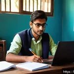 Home 19 CPA 시험 준비 중 자주 묻는 질문 - A focused Indian student in traditional casual attire sitting at a wooden desk with a laptop and CPA...