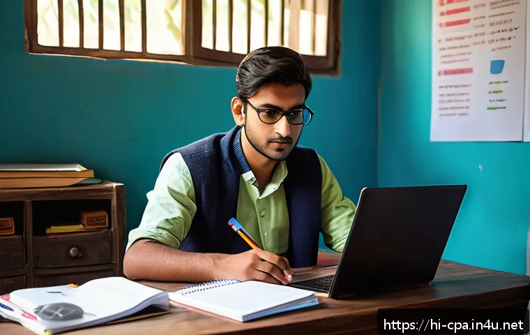CPA 시험 준비 중 자주 묻는 질문 - A focused Indian student in traditional casual attire sitting at a wooden desk with a laptop and CPA...
