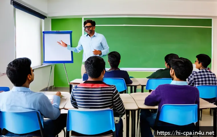 공인회계사 학원 선택 기준 - A modern CPA coaching classroom in India, featuring a diverse group of attentive adult students sitt...